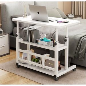 Adjustable Laptop Bed Table with wheels - Mobile study Desk with storage shelves for Laptop, books, Home office.