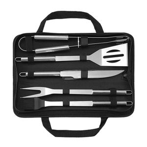 Stainless steel BBQ grilling tool set contained within a portable black carrying case. 