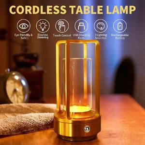 Cordless Table Lamp for Outdoor Indoor, Portable Metal Desk Lamp, Rechargeable LED Crystal Lantern Lamp, 3 Color Stepless Dimming Touch, Battery Powered Table Light for Bedroom Restaurant 