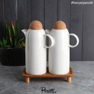 Elegant Ceramic Cruet Set with Natural Stoppers and Wooden Tray 