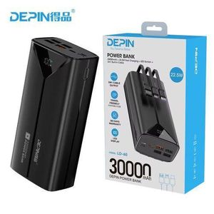 DEPIN Original 30000mAh Power Bank 22W Super Fast Charging With inbuilt Cables, 4 USB Ports good for Iphone and Android, Black