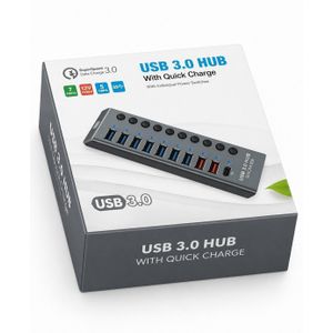 Pc 10-port USB 3.0 aluminum hub featuring individual power switches and fast charging capabilities.  10 port usb hub 