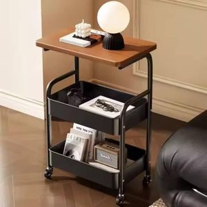 2-tier mobile rolling storage cart and side table featuring a warm wooden top and a black metal frame with caster wheels.    