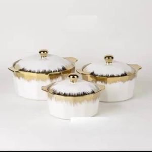 3 Pieces Of Golden Rim Ceramic Serving Bowl Dishes Pots With Lids -White
