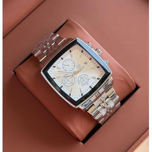 Men's Cream Dial Square Chronograph Watch with Silver Stainless Steel Bracelet – Bold Cushion Case Design