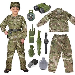 3-7YearsArmy Soldier Military Costume for Kids Boys Girls Halloween Dress Up Role Play Set with Toy Accessories