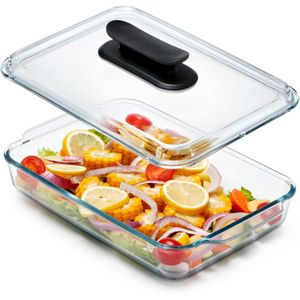 Rectangle Tempered Glass Baking Dish With Lid Roasting Tray, Transparent Fruit Soup Serving Dish ,Oven Safe Roaster Pan, Fridge & Freezer Safe, Microwave Safe Ideal for Cooking, Serving, Storing, Freezing 