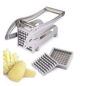 Stainless steel potato chipper includes two interchangeable blades for different cut sizes.