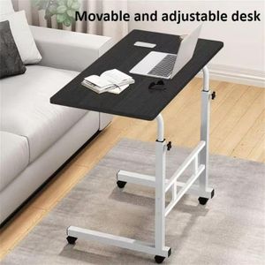 black and white adjustable laptop desk features rolling wheels for mobility and a "C" shaped frame to slide under sofas or beds