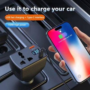 150W Car Inverter 12V-24V to 110V-220V – Digital Display, QC3.0 USB + Type-C PD, Universal Socket, Power Converter for Laptop, Phone, Appliances – Black