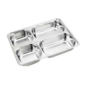 6 Pc Stainless Steel Rectangle 4 In1 Compartment Dinner Plate Tray - Silver.