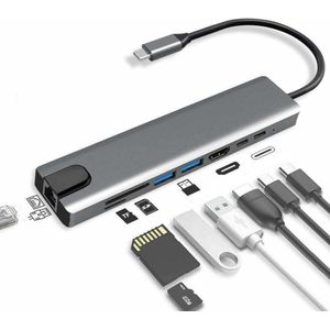 Travel USB 3.0 Connectivity Hub USB-C Adapter Laptop Docking Station With HD, Portable 8 Function Traveling Device - RJ45 Gigabit Ethernet, USB 3.0 Hub, 8 In 1 Type-C HUB HDMI USB Multiport Card Reader & PD Charging -Silver
