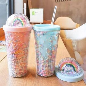 2-Layer Ice Cream & Juice Bottle Cup with Straw - Multicolor