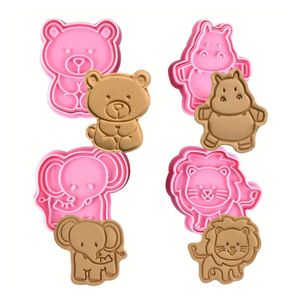 4pc Cute Animal Cookie Cutters Set 3D Animal Embossing Cookie Stamps Biscuit Cutters Baking Biscuits Chocolate Fondant Cake Decoration Cupcake Topper Pastry Fruit Cutter Party Snacks 