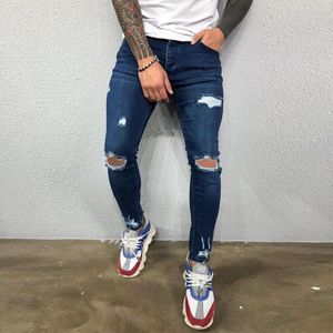 Men's White Crystal Holes Ripped Jeans Fashion Slim Skinny