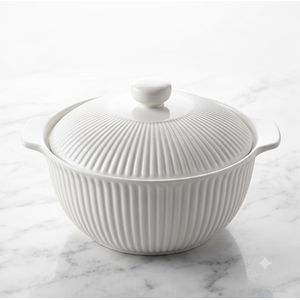 Ceramic Fluted Casserole Dish with Lid – White Ribbed Soup Tureen & Serving Bowl with Handles