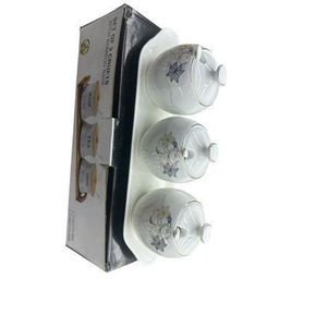 A set of Sugar, Tea, and Coffee Carnister With a Ceramic Base - White