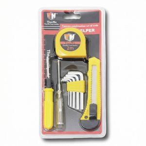 4-in-1 tool set featuring a yellow tape measure, screwdriver, utility knife, and hex keys. 