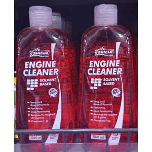 Shield Engine Cleaner Solvent Based Liquid 500ml. It is a fast-acting, non-corrosive formula designed to remove tough grease, oil, and grime from vehicle engines. 