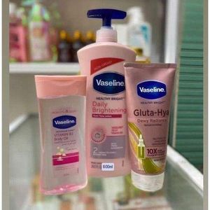 Vaseline 3 in 1 Brightening Package: Intensive Care Vitamin B3 Body Oil 200ML + Daily Brightening Even tone Lotion 600ML+ Gluta-Hya Dewy Radiance Serum Burst Lotion