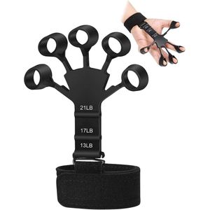 Adjustable finger strengthener and grip strength trainer featuring three resistance levels