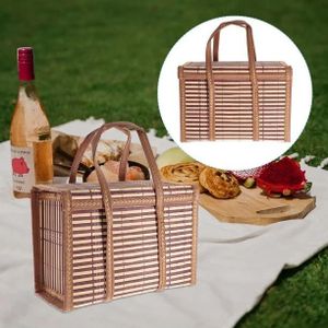 A hand-woven rectangular bamboo picnic basket 