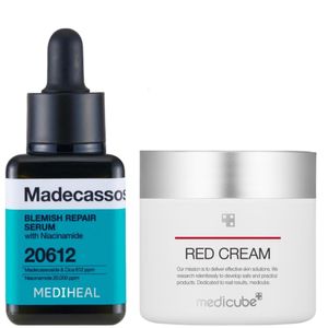 MEDIHEAL Blemish Repair Serum with Niacinamide & Centella Asiatica + Medicube Red Cream for Acne. Treat Acne, Hyperpigmentation, Dark Spots, Acne Marks, Freckles, Blemishes, Minimizes Pores, Control Sebum Production, Calms Redness, Brightens, Moisturizes & Evens