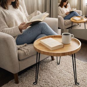 Folding Side Table in Bamboo with Retractable Metallic Feet, Compact and Lightweight 2 in 1 Removable Snack Tray for Room, Bedroom and Balcony