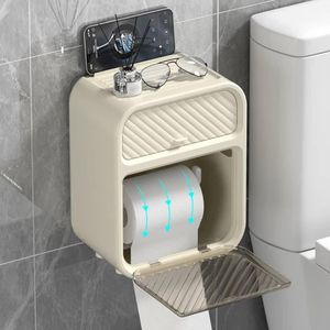 Toilet paper holder features a waterproof design with a built-in phone shelf and a convenient storage drawer for small items.