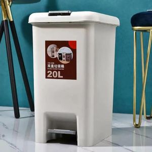 20-liter plastic double-covered trash bin featuring a dual-opening mechanism with both a foot pedal and a push-button lid release
