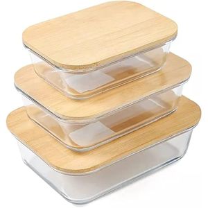 Glass Food Containers with Bamboo Lid Eco-Friendly, Set of 3 Glass Meal Prep- Transparent 