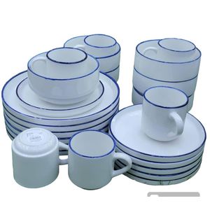 24pcs Of Blue line Design Plates Bowls Cups Dinner Set -  White/Blue