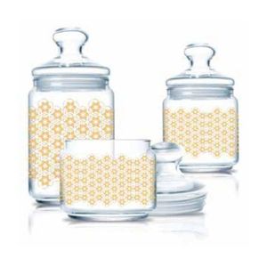 Luminarc 3 Pc Golden Flower Maze Sugar Bowl, Food Storage Jar Container Set, Colourless.