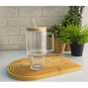 620 mls -Premium Large Ribbed Glass Mug with Bamboo Lid & Glass Straw – 620ml Clear Borosilicate Glass Tumbler with Handle for Iced Coffee, Matcha, Juice & Tea- multicolor 