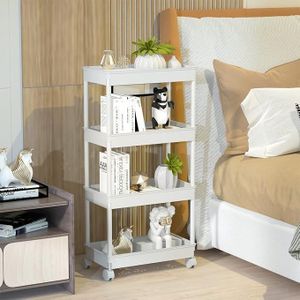  4 Tier Wide Storage Cart Mobile Shelving Unit Organizer Slide Out Storage Rolling Utility Cart Tower Rack for Kitchen Bathroom Laundry, Plastic & Stainless Steel,White