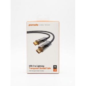 Porodo USB-C to Lightning Transparent Braided Cable. PD 20w 1meter. Fast charge and Data transfer 