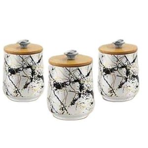 Modern Marble-Patterned Ceramic Kitchen Canister Set with Wooden Lids - Multicolor