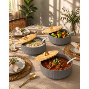 3 Pieces Of Ceramic Serving Dishes Casseroles Soup Bowls Sauce Pots With Bamboo Wood Lids 