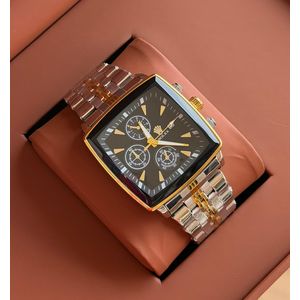 Men's Two-Tone Black Dial Square Chronograph Watch with Gold & Silver Stainless Steel Bracelet – Bold Cushion Case Design