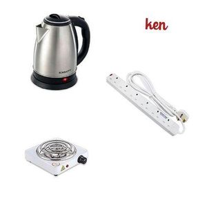 2L Electric Kettle, Single Coil Hotplate & 6 Way Extension Cable - Silver,White