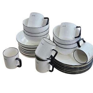 24-Piece Cream Dinner Set with Black Line Design - Plates, Bowls, & Cups