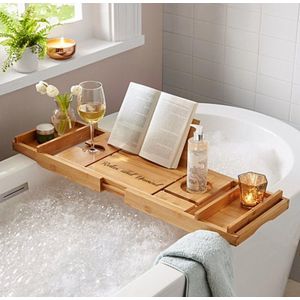 2-in-1  Expandable Convertible Bamboo Bathtub Caddy  Tray with Sliding Towel Holder, Candle & Wine Holder, Cup Placement, Soap Dish, Book Space & Phone Slot, Adjustable Natural Wood Bath Tub Organizer for Spa and Bathroom Laptop Table Rest Device Holder