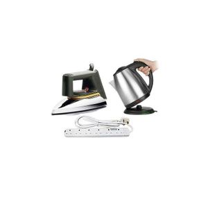 Electric Kettle 2L ,Flat Iron, & 6 Way Extension Cable - Silver, White