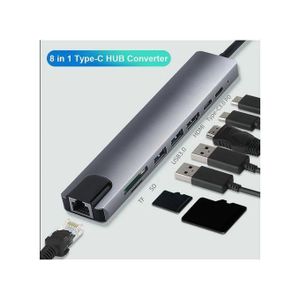   8IN1 TYPE-C HUB CONVERTER ,4K HDMI-compatible 2 USB3.0 USB C PD SD/TF RJ45 Docking Station - grey