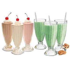 Classic Soda Fountain Milkshake Glass Set, featuring a nostalgic retro design with elegant vertical panel ribbing and a sturdy footed base.- 6pcs
