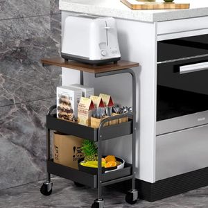  Metal and Wood Trolley, Serving Trolley with Worktop, 3-Tier Print Table, Metal Basket and Lockable Wheels for Kitchen, Office, Bedroom, Living Room 
