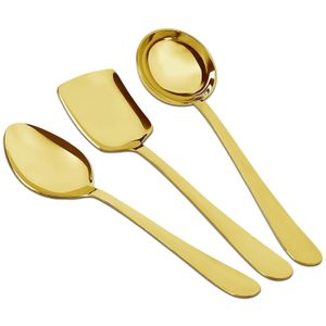 3 Pieces Stainless Steel Golden Serving Spoons Set for Dining Table Kitchen, 1.8 mm Heavy Gauge (1 Soup Ladle (Karchi), 1 Solid Spoon (Chamcha), 1 Rice Spoon), PVD Gold (Pack of 3) 