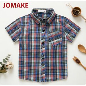 JOMAKE Short-sleeved shirt for boys aged 2-9, red, blue, yellow and white retro style, with pockets
