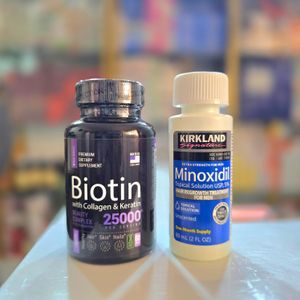 Biotin & Collagen Keratin Dietary Supplement And Kirkland Signature Minoxidil Topical Solution - Combo