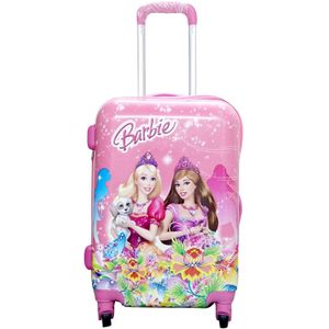 20 Inches Cartoon Print Barbie/Princess Both Sides Print Hard top Polycarbonate Girls Suitcase Trolley Bags for Kids with 4 Wheels- Pink